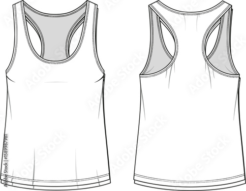 Men’s racerback tank top sketch front and back views, round neckline, sleeveless athletic silhouette, stitch seam detailing, casual fashion flat illustration layout