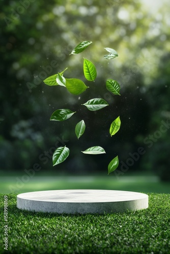 Floating Leaves Above a Stone Platform in a Lush Green Forest at Daytime.