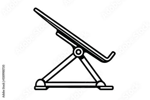 Adjustable Laptop Stand Vector Illustration – Black and White Silhouette Featuring Angled Legs, Circular Joint, and Ergonomic Platform Design
