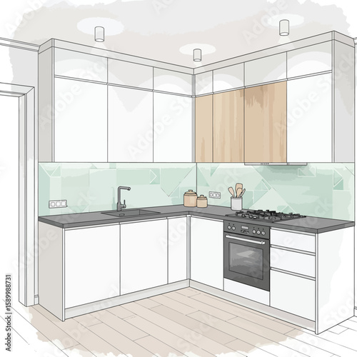 Modern L-shaped kitchen design sketch, perfect for remodeling or new build.