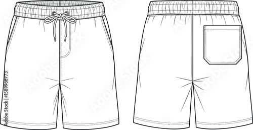 Men’s shorts sketch front and back views, elastic drawstring waistband, side pockets, single patch back pocket, center seam detailing, fashion garment illustration