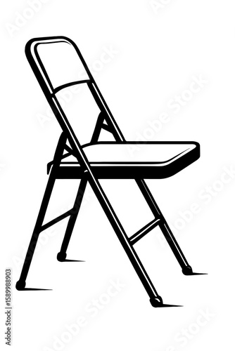 Folding Chair Black and White Vector Illustration – Minimal Silhouette Featuring Padded Seat and Backrest with Collapsible Metal Frame
