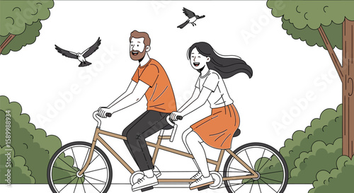 Couple enjoys tandem bike ride in a park with birds flying around