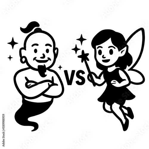 Genie vs Fairy Magical Battle Vector Illustration – Whimsical Cartoon Characters with Wand and Sparkles in Fantasy Showdown
