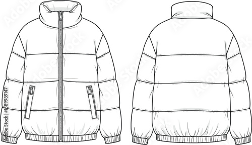 Men’s quilted puffer jacket sketch front and back views, high collar, full zip closure, horizontal padding, dual zip pockets, casual outerwear illustration