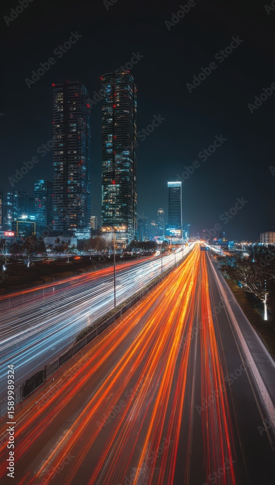 Fototapeta premium Highway in the city, night view, long exposure light trails and skyscrapers