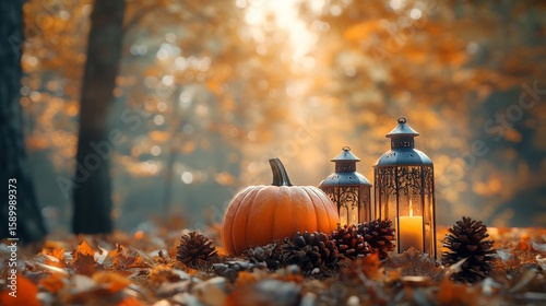 Autumn Setting With Pumpkin and Lanterns Amidst Golden Leaves in a Forest
