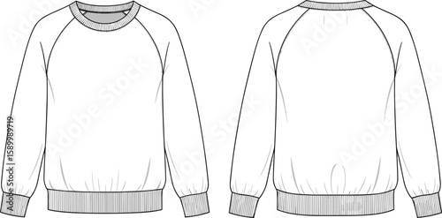 Men’s raglan sleeve sweatshirt sketch front and back views, crew neckline, ribbed hem and cuffs, casual athletic garment illustration, technical fashion drawing