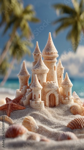 Sand Castle Stands Tall on Serene Beach With Palm Trees Under Bright Sky.
