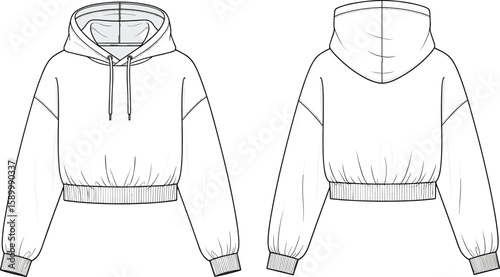 Men’s hoodie sketch front and back views, ribbed cuffs and hem, full drawstring hood, long sleeves, casual pullover design, fashion garment illustration