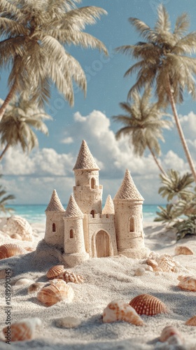 Intricate Sand Castle Elegantly Crafted on a Sunny Beach With Palm Trees in t...