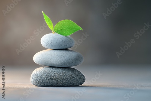 Stacked Stones With Green Leaves for Natural Balance and Tranquility in Soft ...
