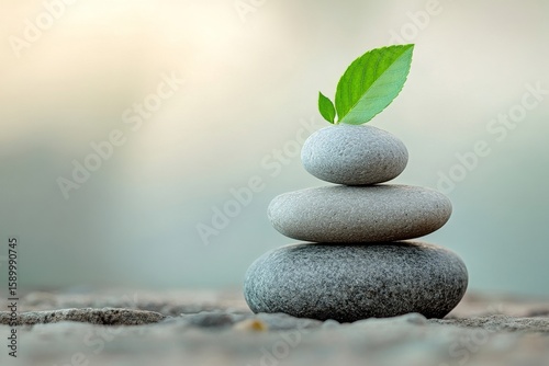 Stacked Stones With Green Leaf at Sunset Creating a Serene Atmosphere.