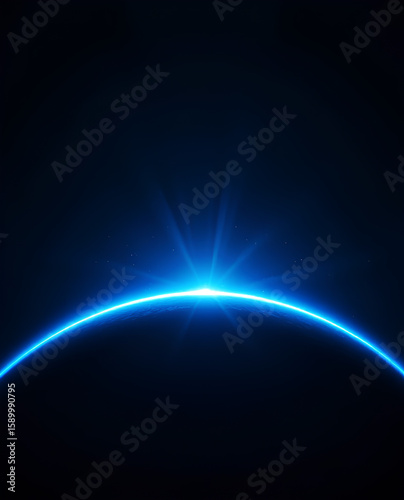 Ray Streak Burst of Blue Light Flare Behind Planet's Curved Edge

