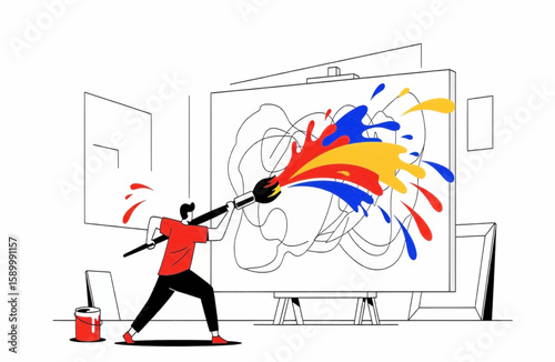 Artist creating a colorful abstract painting with a brush, artistic expression and creative inspiration showcased