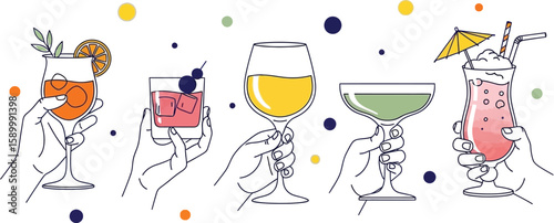 Stylish line art showcases hands holding various colorful cocktail