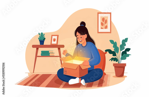 Excited Woman Opening a Gift Box with Shining Light in a Cozy Room Illustration