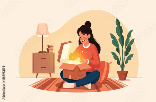 Unboxing Joy Girl Experiencing Delight While Opening a Glowing Gift Box at Home
