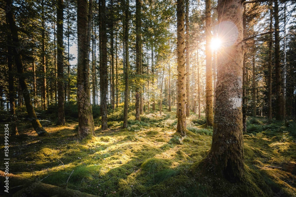 Obraz premium Lush forest with sun flare. Tall pine trees with green vegetation in summer. Vosges great woods in mountains in France.