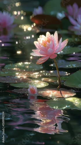 Pink Lotus Flowers Bloom Gracefully on Calm Water During Sunrise