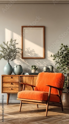 Bright Mid-Century Modern Living Room With an Orange Chair and Wooden Furnitu...