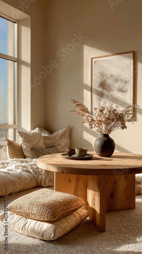 Cozy Indoor Space Featuring a Wooden Table and Decorative Elements in Soft Su...