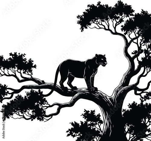 Silhouette of a panther perched atop a lush tree.