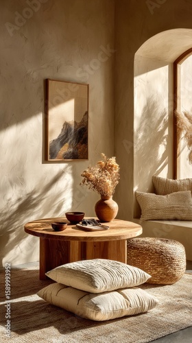 Cozy Living Room Adorned With Soft Textures and Warm Light During Golden Hour.