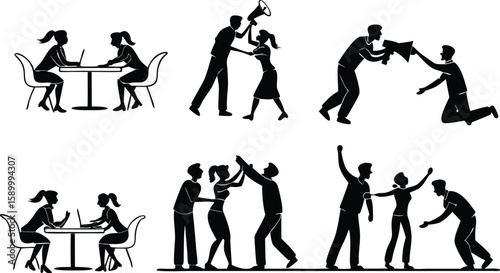 Abuse and Aggression Silhouette Icons – Domestic Violence, Conflict, Harassment
