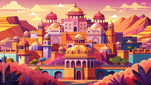 Jaipur, Rajasthan, India – The Pink City glows in sunlight, its ornate palaces and bustling bazaars rich in color and geometry, ideal for vibrant and cultural vector exploration.