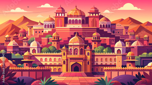 Jaipur, Rajasthan, India – The Pink City glows in sunlight, its ornate palaces and bustling bazaars rich in color and geometry, ideal for vibrant and cultural vector exploration.