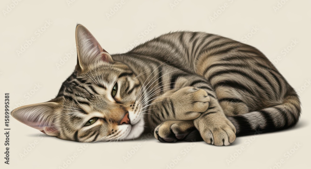 Fototapeta premium Relaxed Tabby Cat Resting on Neutral Background