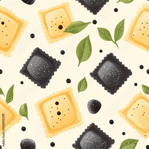 Seamless pattern with food with ravioli, dumplings, spices