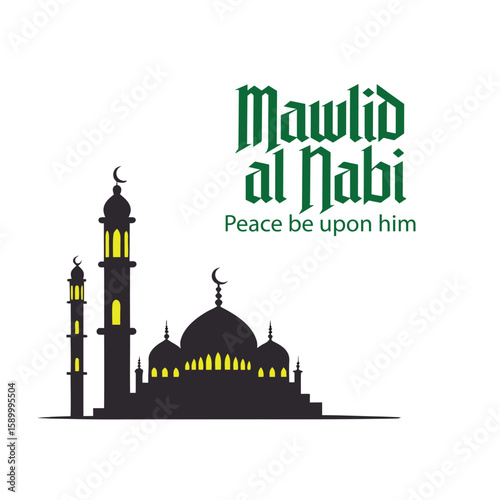Al-Mawlid Al-Nabawi Al-sharif. Word Islamic Greeting of Prophet Muhammad’s Birthday celebration vector 