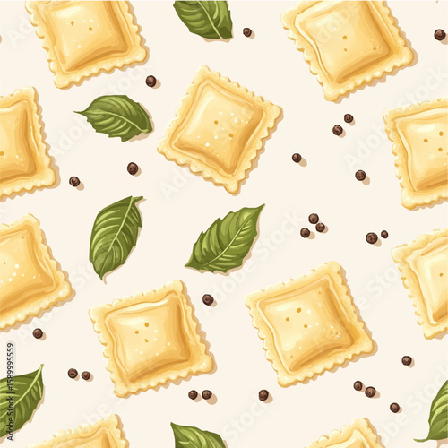 Seamless pattern with food with ravioli, dumplings, spices