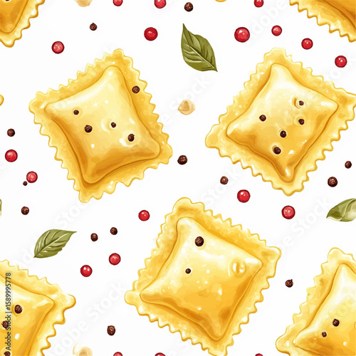 Seamless pattern with food with ravioli, dumplings, spices