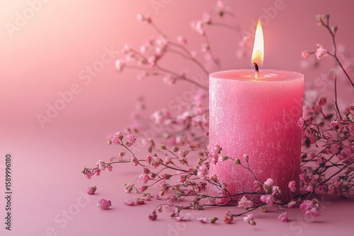 Soft Pink Candle Surrounded by Delicate Flowers Creates a Serene Atmosphere i...