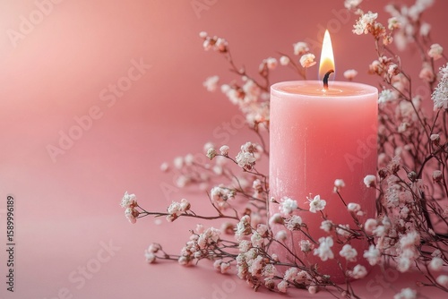 Soft Pink Candle Surrounded by Flowers Creates a Calming Atmosphere for Relax...
