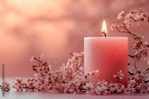 Soft Pink Candle Surrounded by Flowers Creates a Calming Atmosphere for Relax...