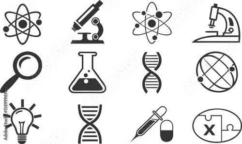 Black Science Icon Set – Chemistry, Lab, DNA, Microscope & Atom Symbols
