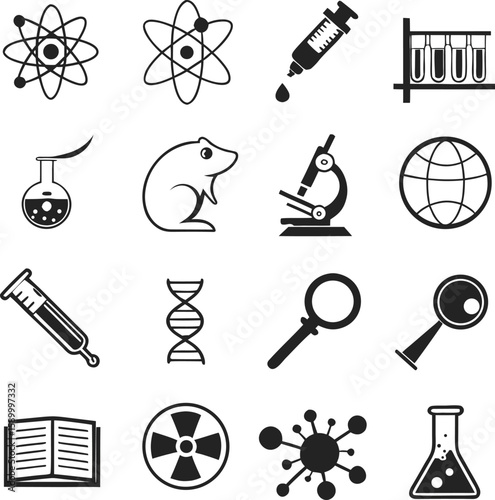 Black Science Icon Set – Chemistry, Lab, DNA, Microscope & Atom Symbols