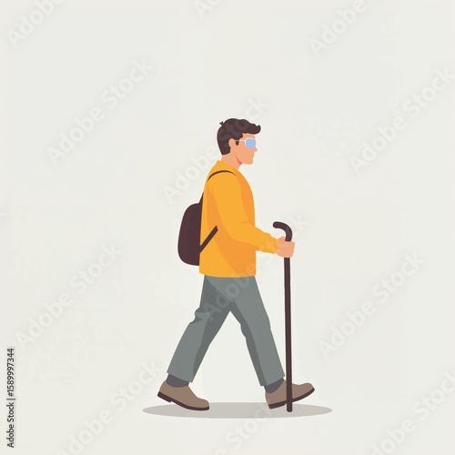 Young man walking with cane and backpack while wearing mask  