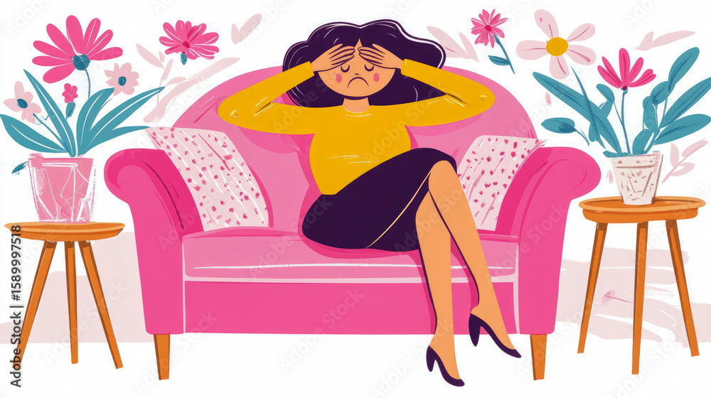 Woman experiencing headache or deep stress, seated on a vibrant pink sofa amidst soothing floral elements, illustrating mental strain and emotional discomfort for wellness content. Woman experiencing headache or deep stress, seated on a vibrant pink sofa amidst soothing floral elements, illustrating mental strain and emotional discomfort for wellness content.