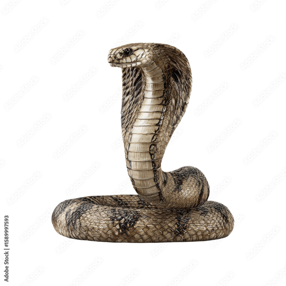 Fototapeta premium Cobra snake with raised hood coiled and alert isolated on transparent background.