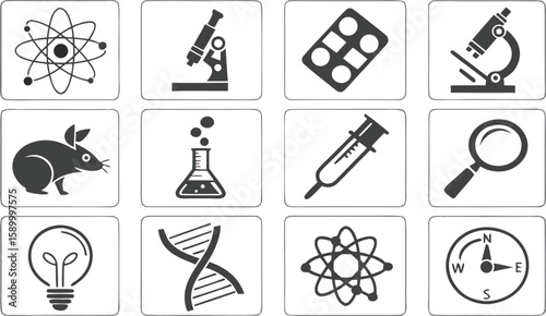 Black Science Icon Set – Chemistry, Lab, DNA, Microscope & Atom Symbols