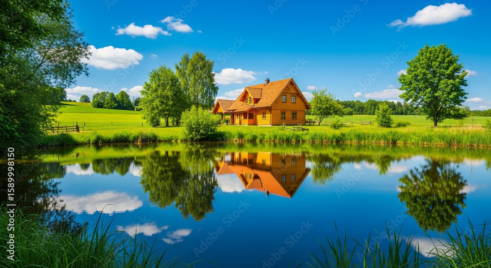 Fototapeta premium Serene cabin reflection on water under a brilliant blue sky.