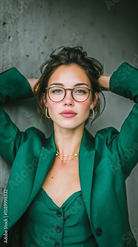 Young Woman in Green Attire Poses Confidently Indoors With Natural Light.
