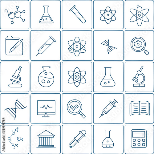 Black Science Icon Set – Chemistry, Lab, DNA, Microscope & Atom Symbols