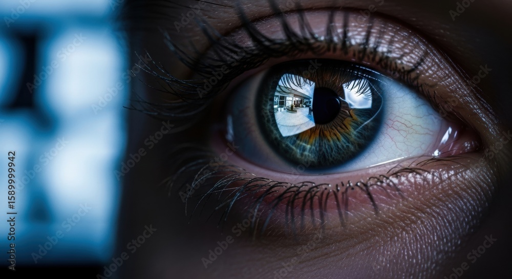 Fototapeta premium Close up of a woman’s eye reflecting surveillance. Concept of cyber espionage and digital privacy monitoring cyber security.