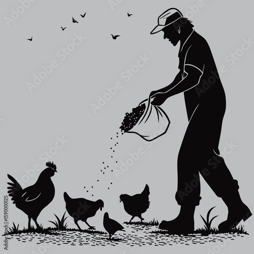 Farmer feeding chickens in morning silhouette vector design art and illustration